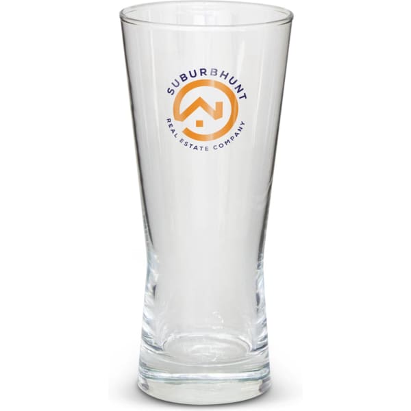A clear, tall beer glass with a logo on the front. The glass has a smooth, modern design.