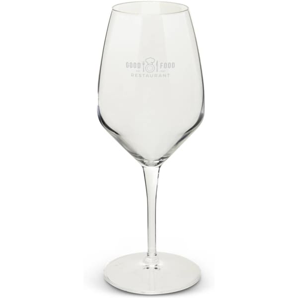 A clear wine glass with a tall stem and a rounded bowl, featuring a logo on one side.