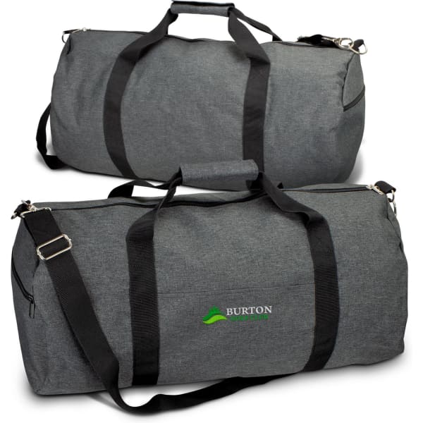A grey duffle bag with black straps, featuring a logo. Two bags are displayed, one on top of the other.