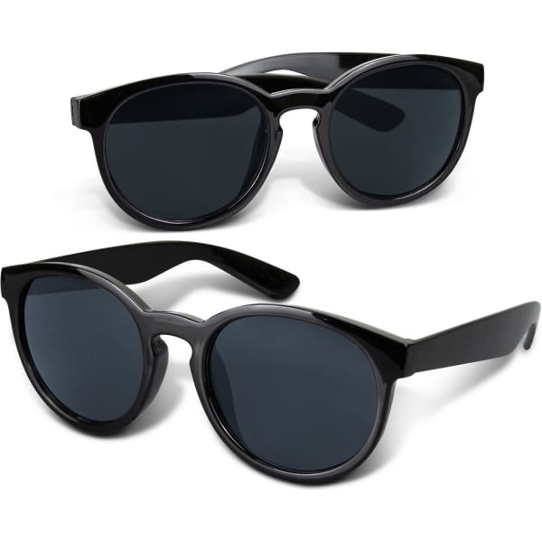 Two pairs of black sunglasses with dark lenses are displayed, featuring different frame styles. Each pair has a logo.