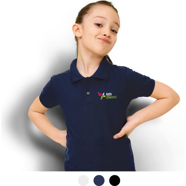 A navy blue kids' polo shirt with a logo on the chest, featuring a classic collar and short sleeves.