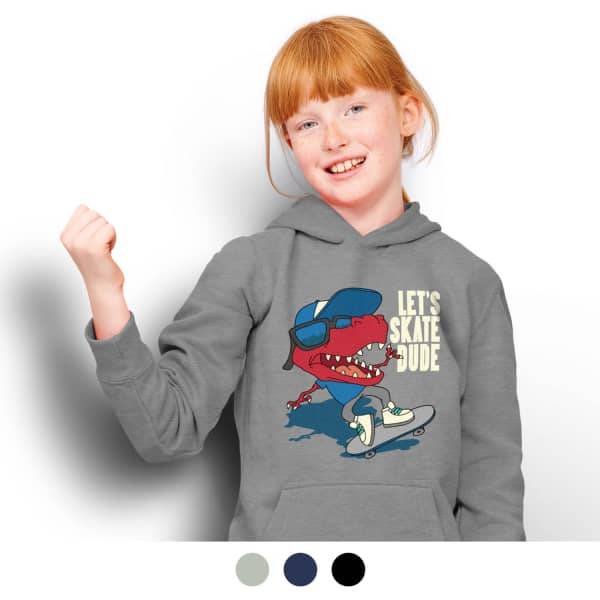 A grey hooded sweatshirt featuring a cartoon dinosaur skateboarding with a cap and a logo.