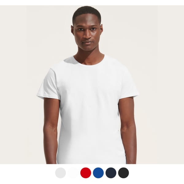 A men’s organic T-shirt in white with a round neck. Features a logo and available in multiple colours.