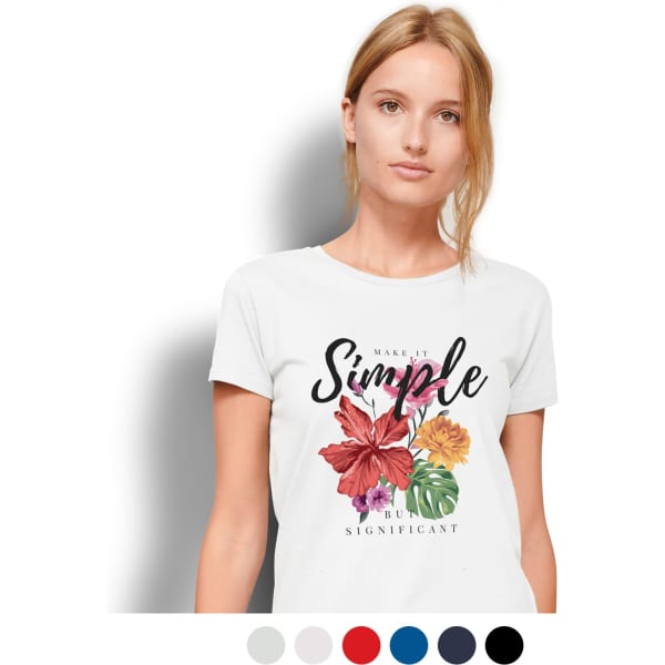 A white women's organic T-shirt featuring floral graphics and the word 