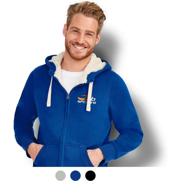 A blue zipped sweatshirt with a fleece lining and a hood, featuring a logo on the chest.