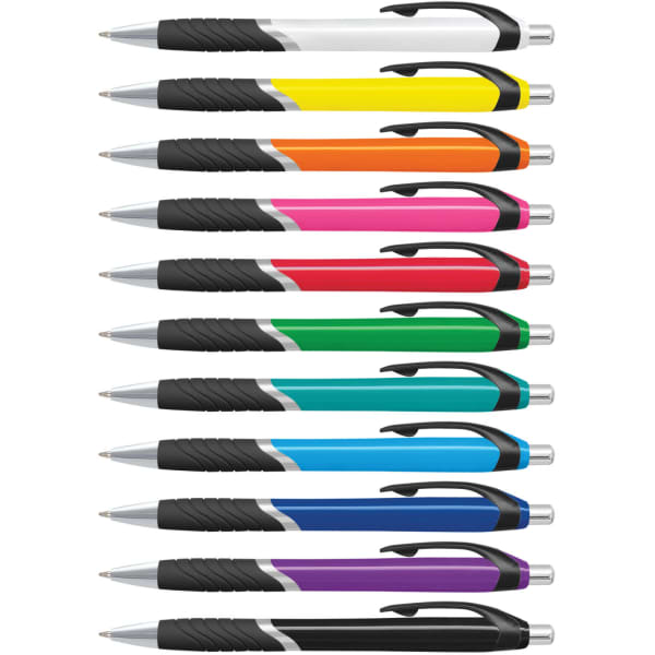 A collection of ten plastic pens featuring coloured barrels in white, orange, yellow, pink, green, blue, and black.
