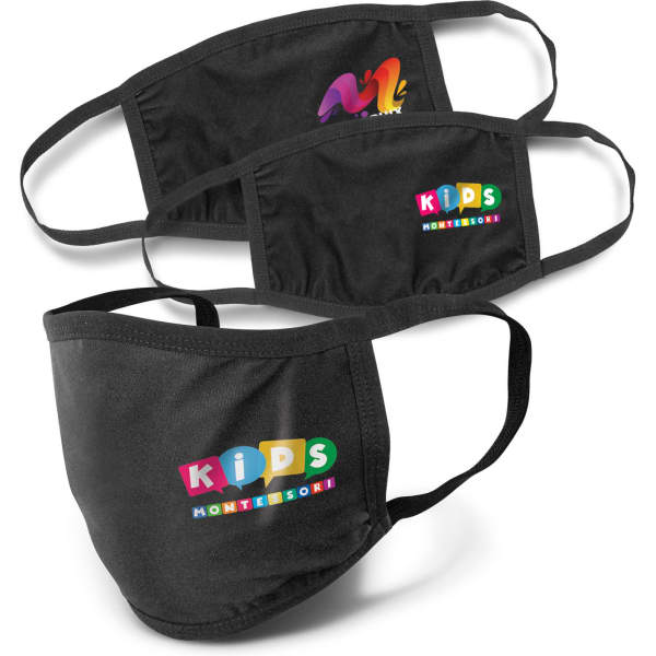 A set of three black reusable 3-ply cotton face masks, each featuring colourful logos.
