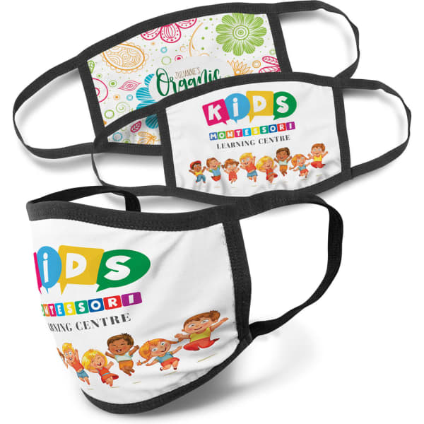 A set of three reusable face masks featuring vibrant colours and playful designs, with adjustable ear loops.