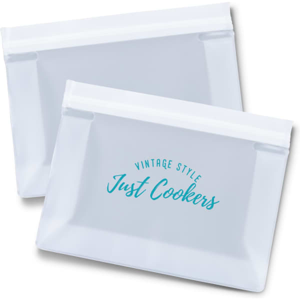 A clear reusable pouch with a zip closure and a logo printed in teal. Two pouches are shown.