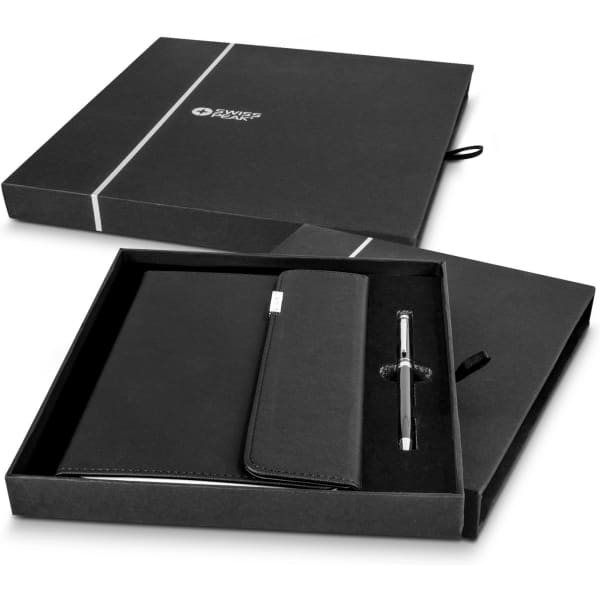 A black A5 notebook and pen set presented in a black gift box, featuring a branding element.