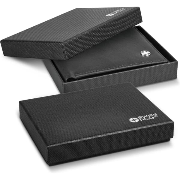 A black wallet in an open gift box, featuring a logo, showcasing a sleek design suitable for anti-skimming.