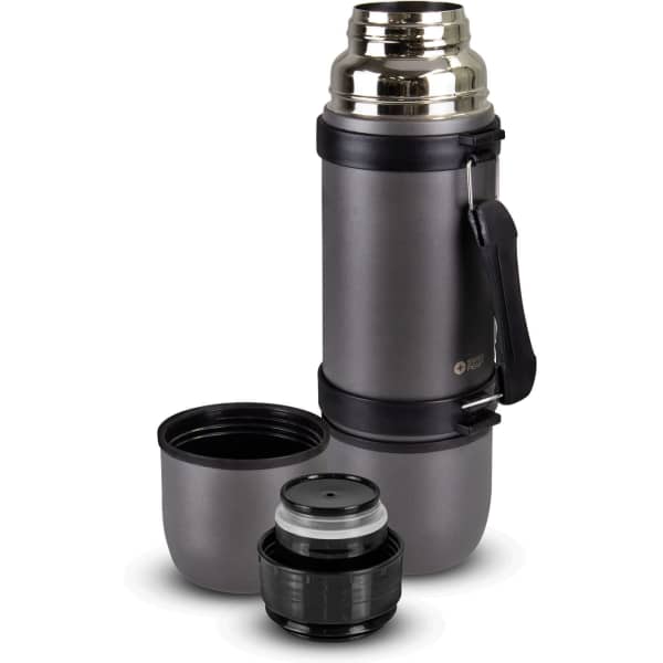 A drink bottle with a grey stainless steel body, featuring a handle, and a removable cup and lid. It has a logo.