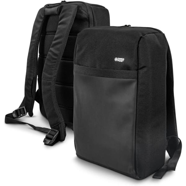 A sleek black anti-theft backpack with adjustable straps and a front pocket, featuring a logo.