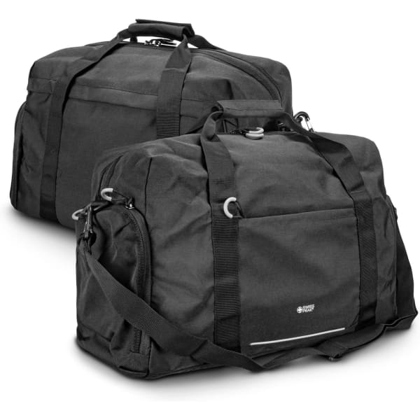 A black duffle bag with multiple compartments and adjustable straps, featuring a logo on the front.