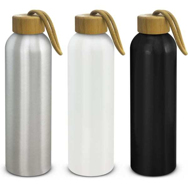 A drink bottle trio featuring aluminium in silver, white, and black, with bamboo lids and woven handles.
