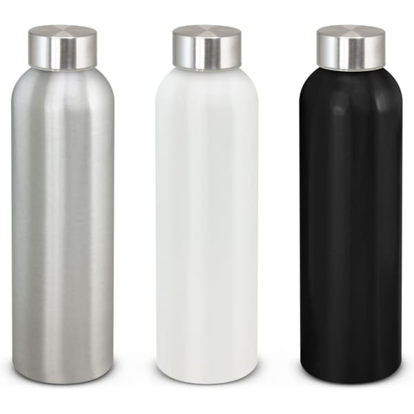 A drink bottle in silver, white, and black with a stainless steel cap and a logo on the side.