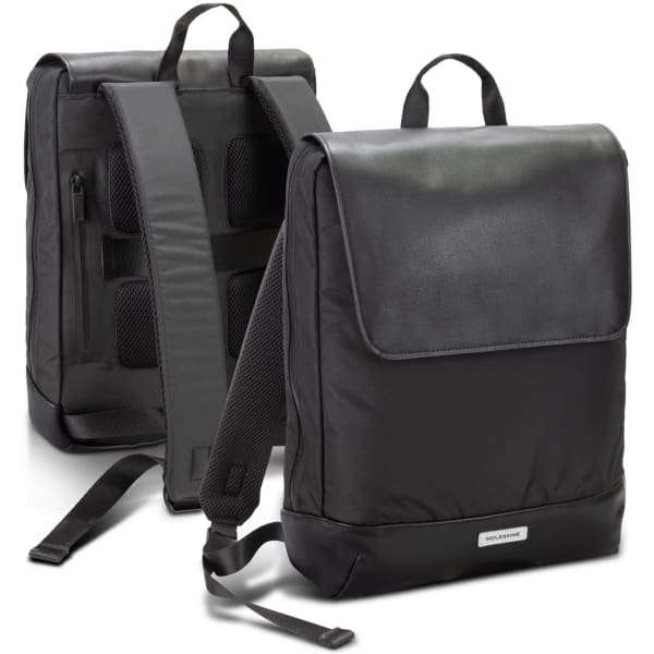 A sleek black backpack with padded straps and a smooth front flap, featuring a logo on the lower front.