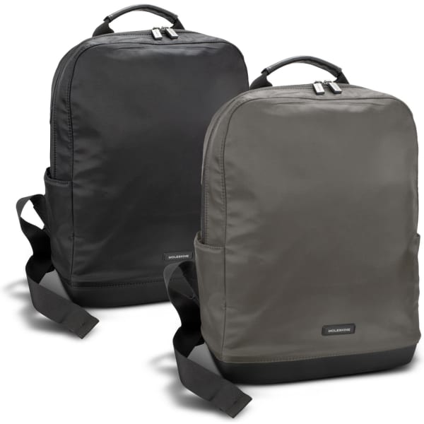 A pair of backpacks in black and olive green, featuring side pockets and a logo on the front.