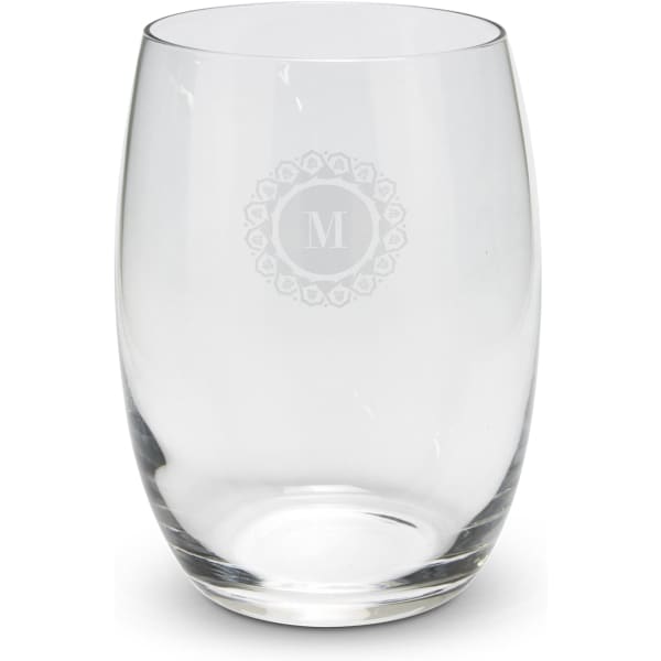 A clear glass with a rounded shape, featuring an etched design and a logo in the centre.