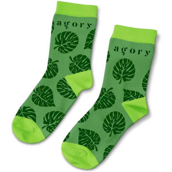 A pair of green socks with a leafy pattern and bright green cuffs, featuring a logo.
