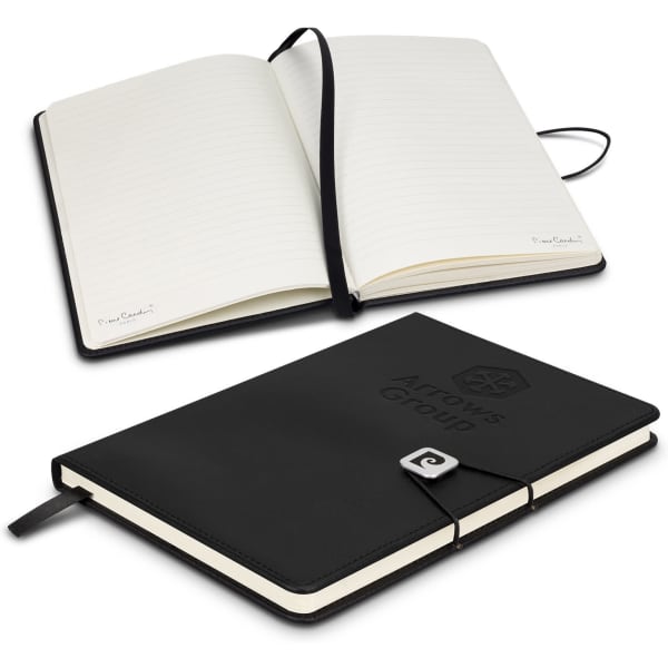 A black notebook with a textured cover, featuring lined pages and an elastic closure, showcasing a logo.