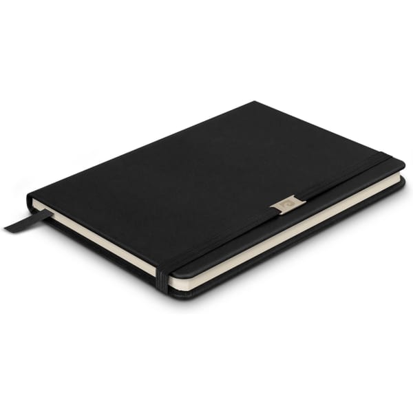 A black notebook with a textured cover, featuring a logo and a ribbon bookmark.