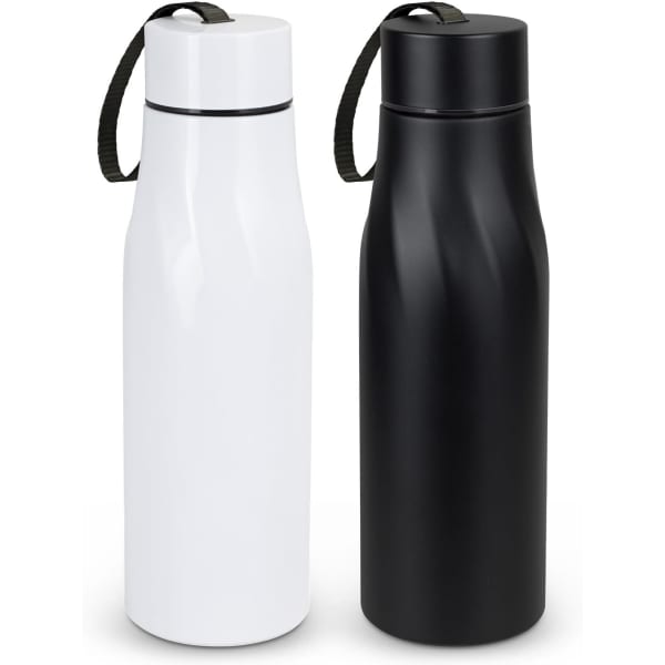 A drink bottle set featuring a sleek white and a matte black design, both with matching straps.