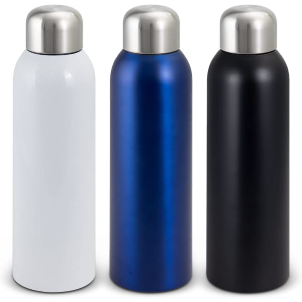 A drink bottle set featuring three stainless steel bottles in white, blue, and black with silver tops.