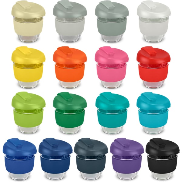 A drink bottle collection featuring various colours, including grey, yellow, orange, pink, and blue. Each has a logo.