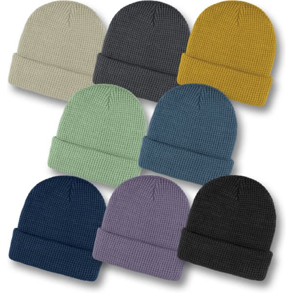 A collection of Galway Waffle Beanies in various colours: grey, yellow, green, navy, purple, black, and cream.