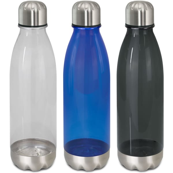 A drink bottle set featuring three translucent bottles in clear, blue, and grey, each with a metallic base and cap.
