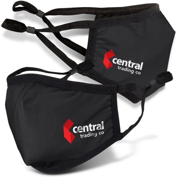 Two premium reusable cotton face masks in black, featuring adjustable ear straps and a logo.