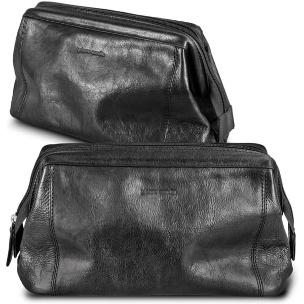 A black leather toiletry bag with a zip closure and subtle branding, featuring a sleek, textured surface.
