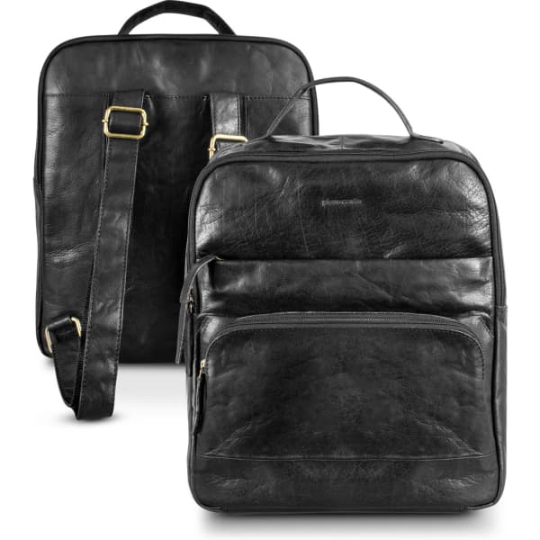 A black leather backpack featuring a main compartment, front pocket, and adjustable shoulder strap. It has a logo.