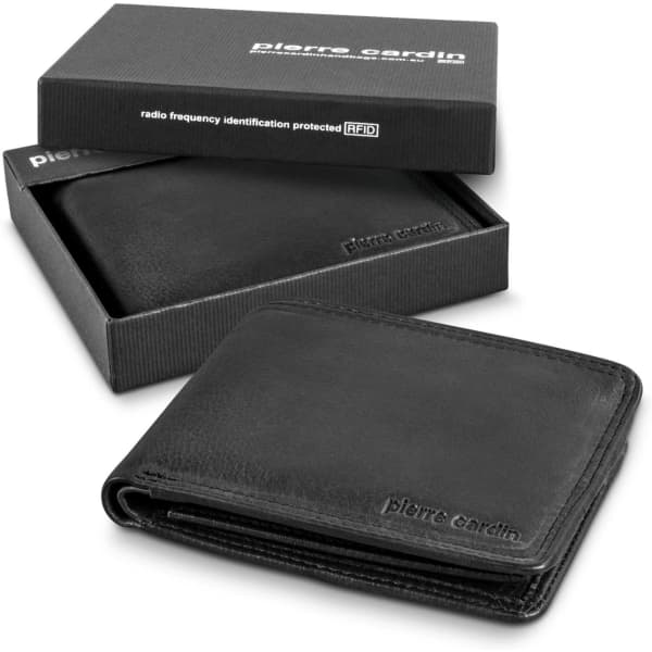 A black leather wallet in an open position, displayed in a black box with a logo.