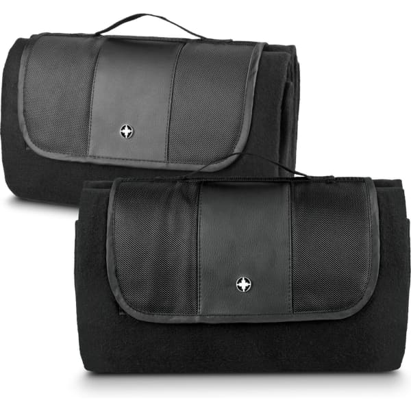 A black picnic blanket with a textured black and leather-like top, featuring a handle and logo.