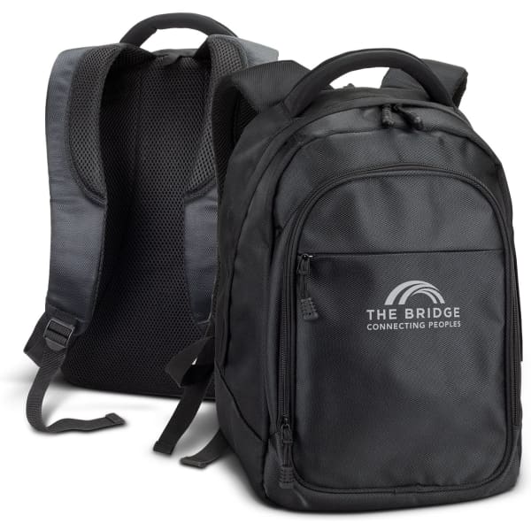 A black laptop backpack with a padded back, featuring a branded logo on the front pocket.