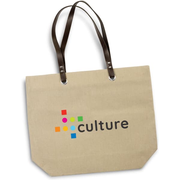 A beige tote bag with brown straps featuring a logo in colourful dots and the word 