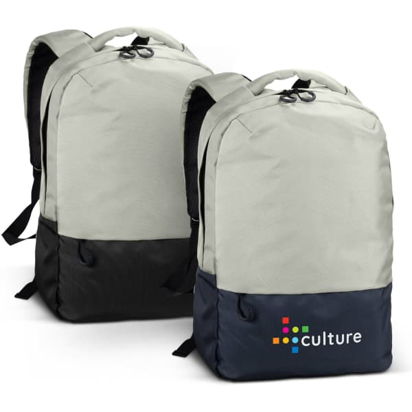 A laptop backpack in light grey and navy, featuring a logo on the front and adjustable straps.