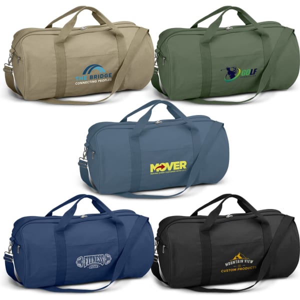 A collection of canvas duffle bags in khaki, green, blue, and black, each featuring a logo.