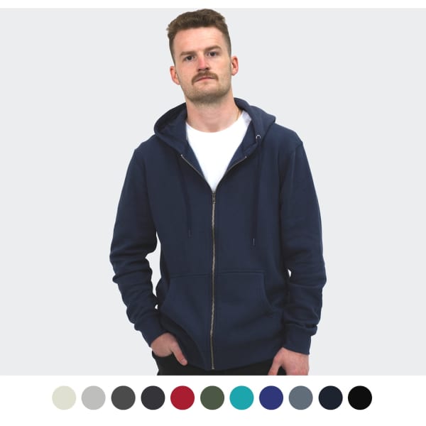 A unisex navy hoodie with a front zipper and hood, featuring a logo and available in various colours below.