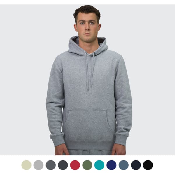 A grey unisex hoodie with a front pocket and a hood, featuring a brand logo and available in multiple colours.