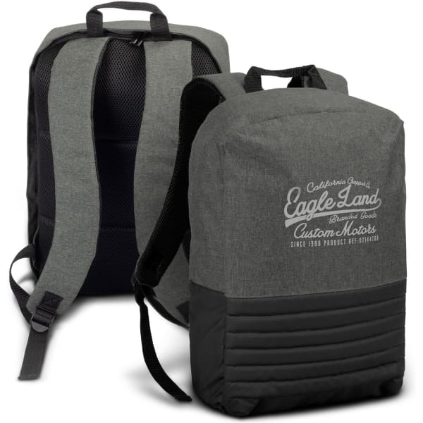 A green and black backpack featuring a branding logo on the front and padded shoulder straps.