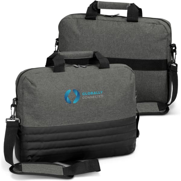 A grey laptop bag with a black bottom and a shoulder strap, featuring a logo on the front.