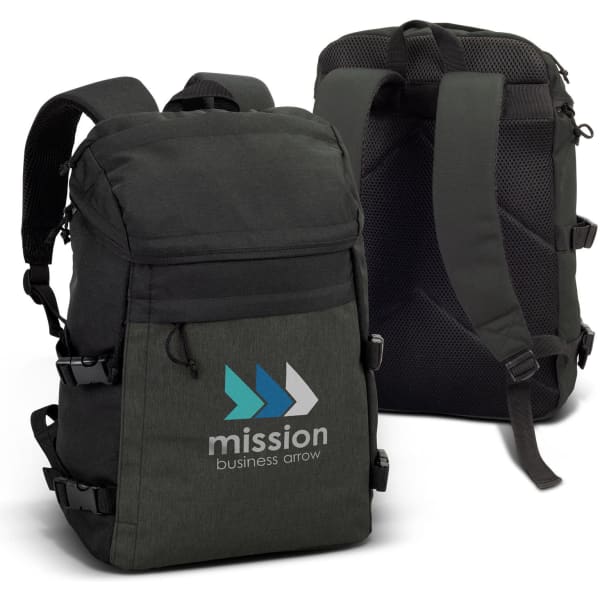 A dark green backpack featuring adjustable straps and a logo on the front. It has a padded back panel for comfort.