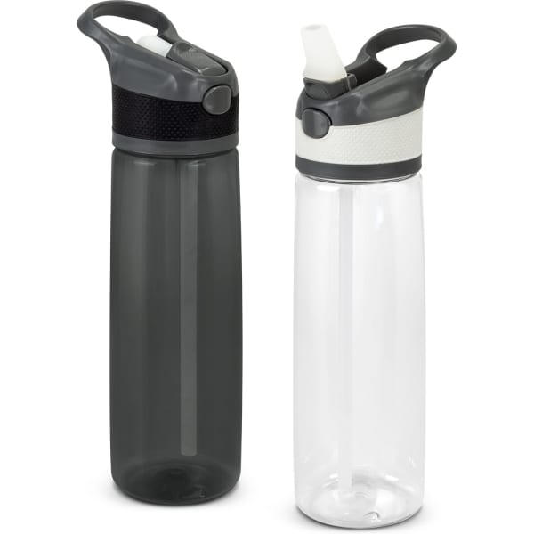 A drink bottle duo featuring a dark grey bottle and a clear bottle, both with flip-top lids and integrated handles.