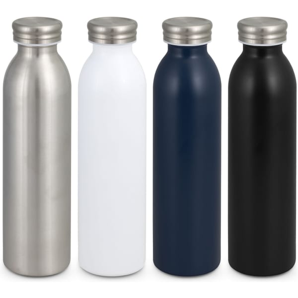 A drink bottle collection featuring stainless steel, white, navy blue, and black designs, each with a metal lid and branding.