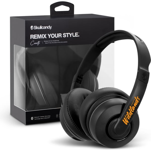 Black Skullcandy Cassette Headphones displayed next to a packaged box with a branded logo.