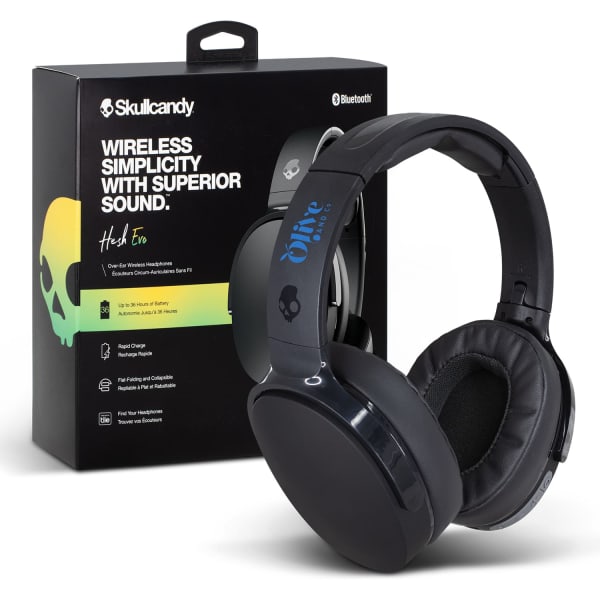 A pair of black wireless headphones with a sleek design, displayed in front of their packaging.