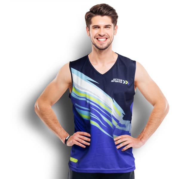 A men's performance singlet in navy blue with a multicoloured abstract design and a logo on the chest.